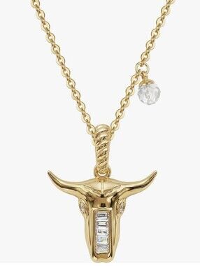 Gold Bull Head Pendant Necklace with Clear Crystal Accent